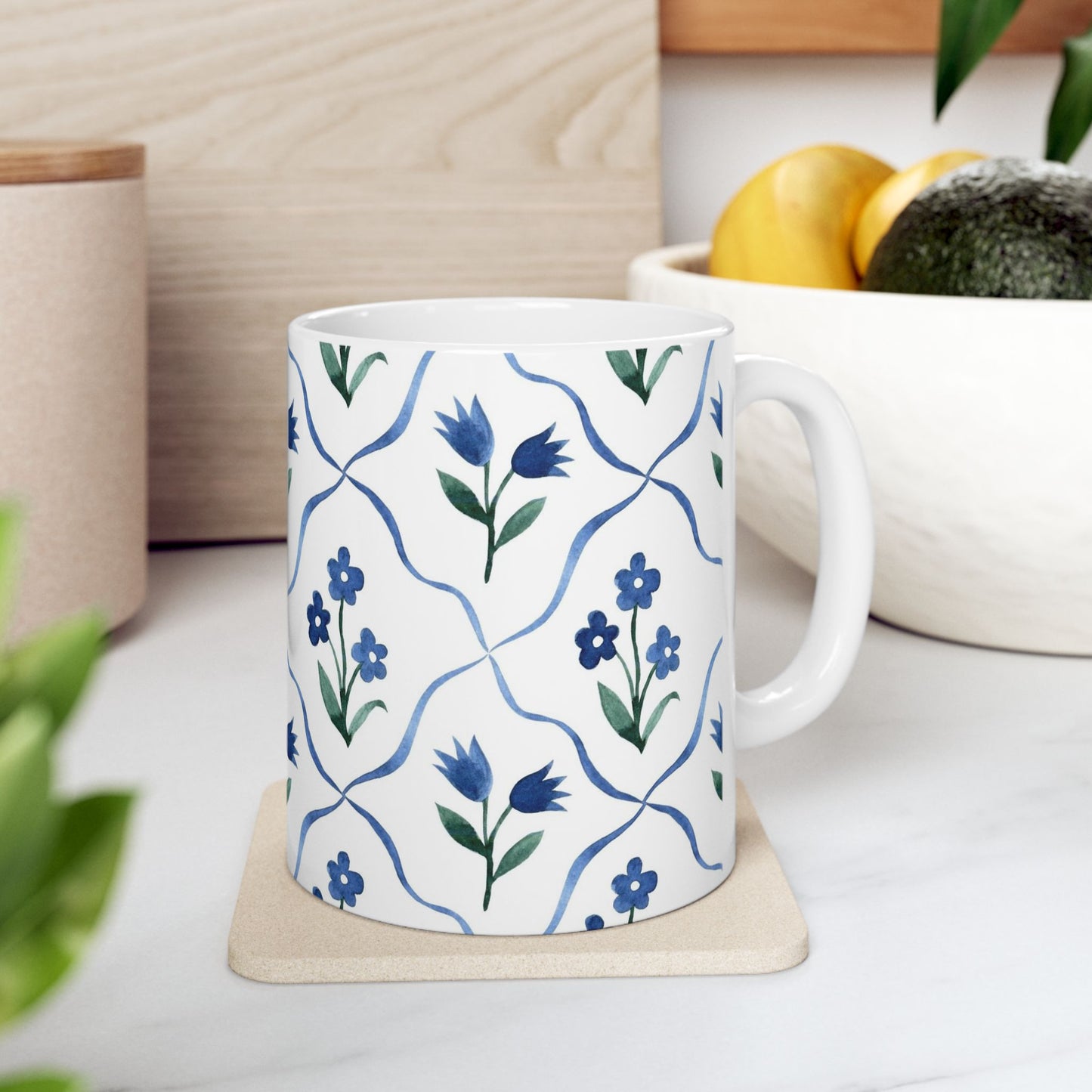 Blue Floral Ceramic Mug — Handpainted Tile Pattern (11oz & 15oz)