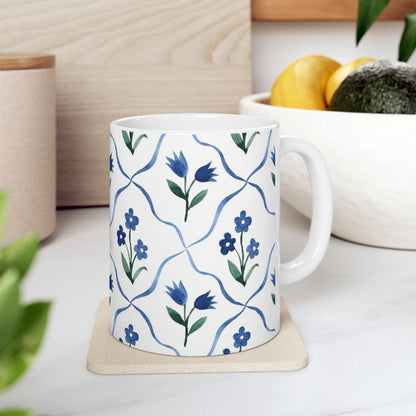 Blue Floral Ceramic Mug — Handpainted Tile Pattern (11oz & 15oz)