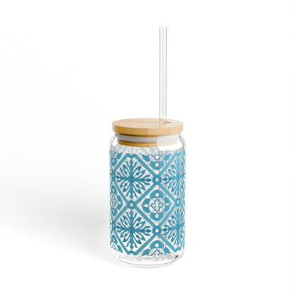 Blue Moroccan Tile Glass Cup with Lid & Straw