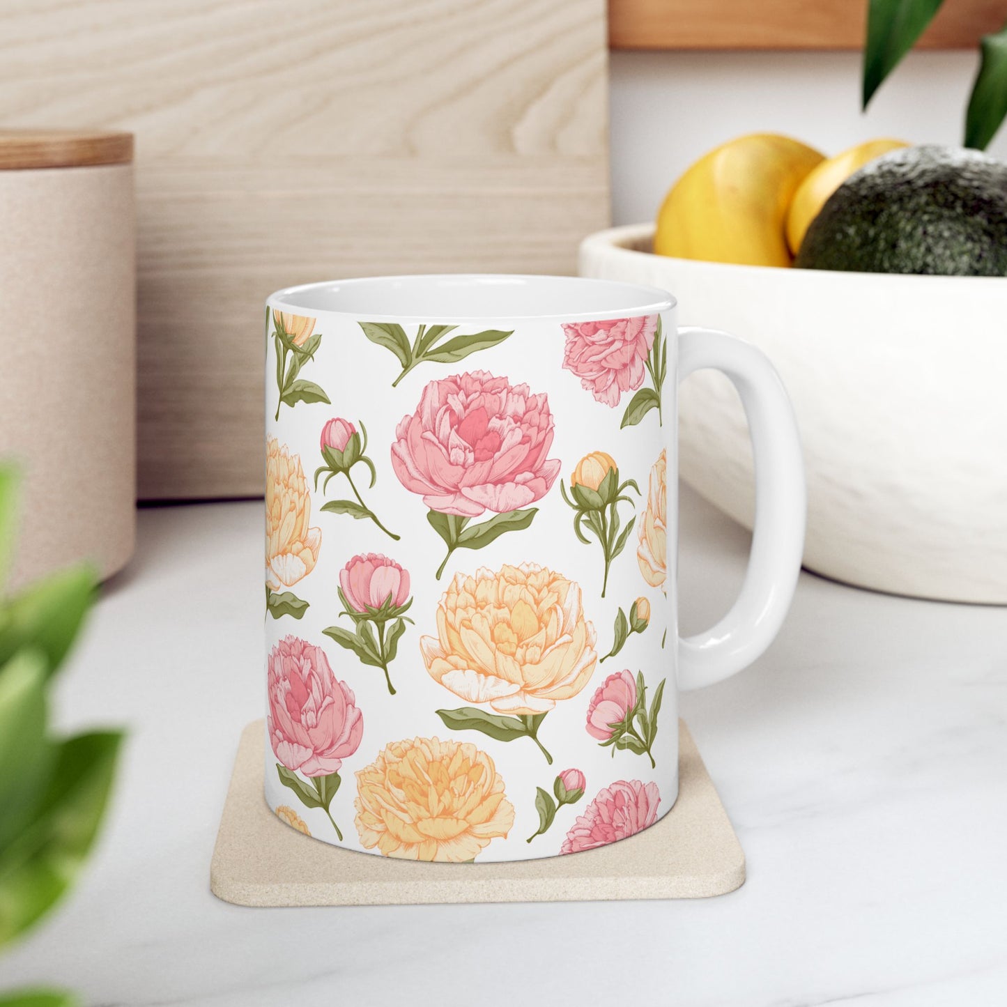 Floral Peony Ceramic Mug – Pink & Peach Vintage Flower Coffee Cup (11oz/15oz)