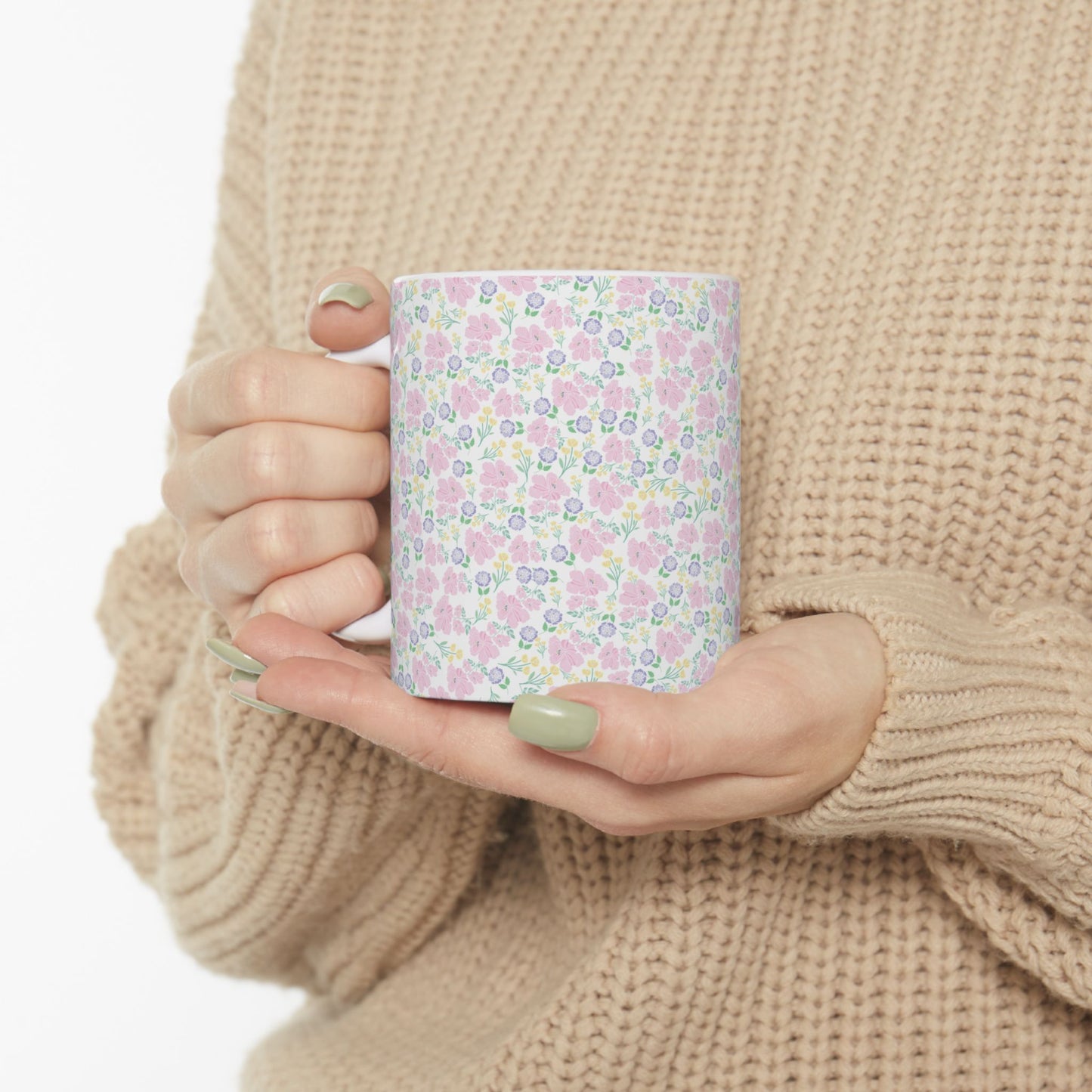Floral Pastel Pattern Ceramic Mug — Cute Spring Flower Coffee Cup (11oz & 15oz)