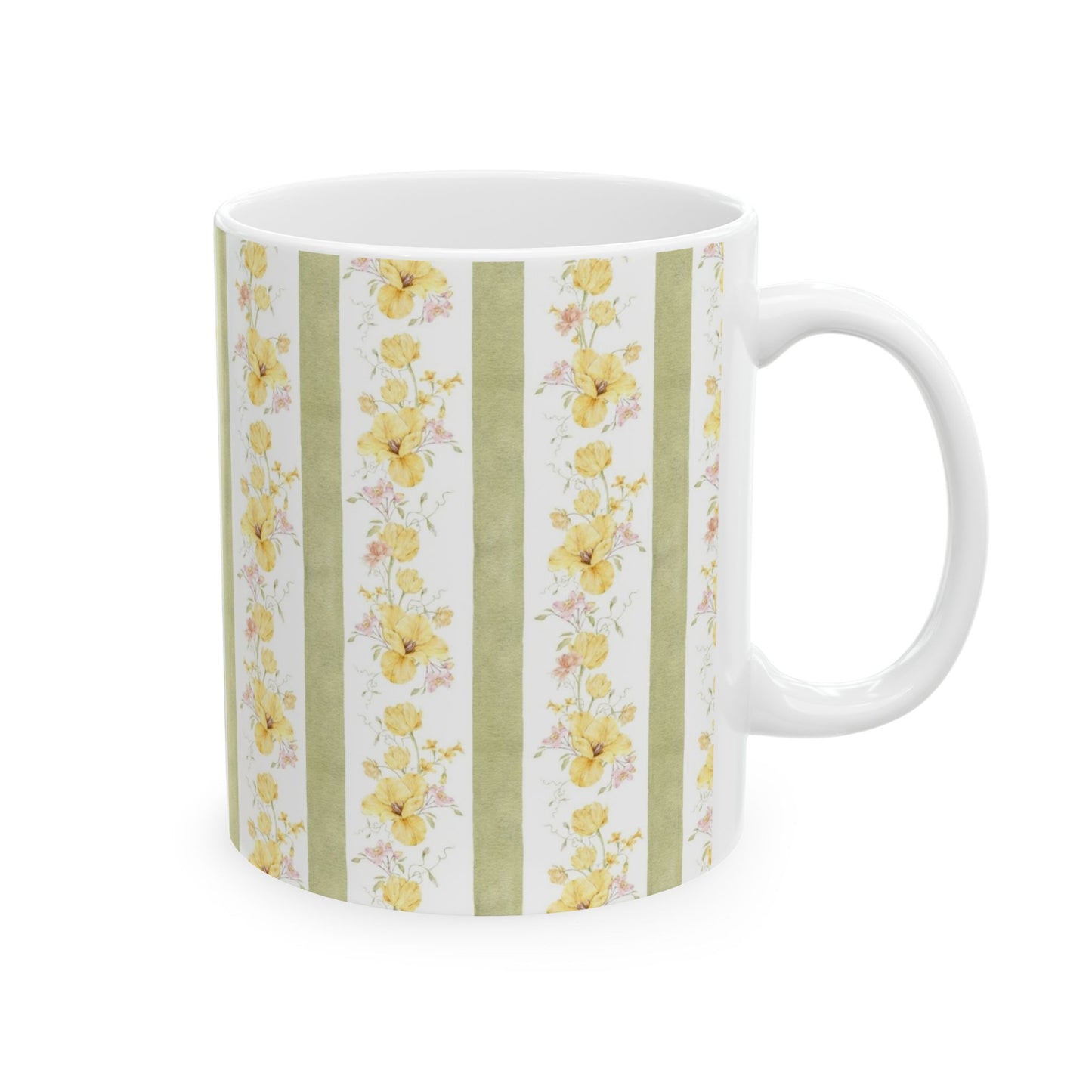 Floral Stripe Ceramic Mug – Vintage Yellow Rose Pattern (11oz & 15oz)