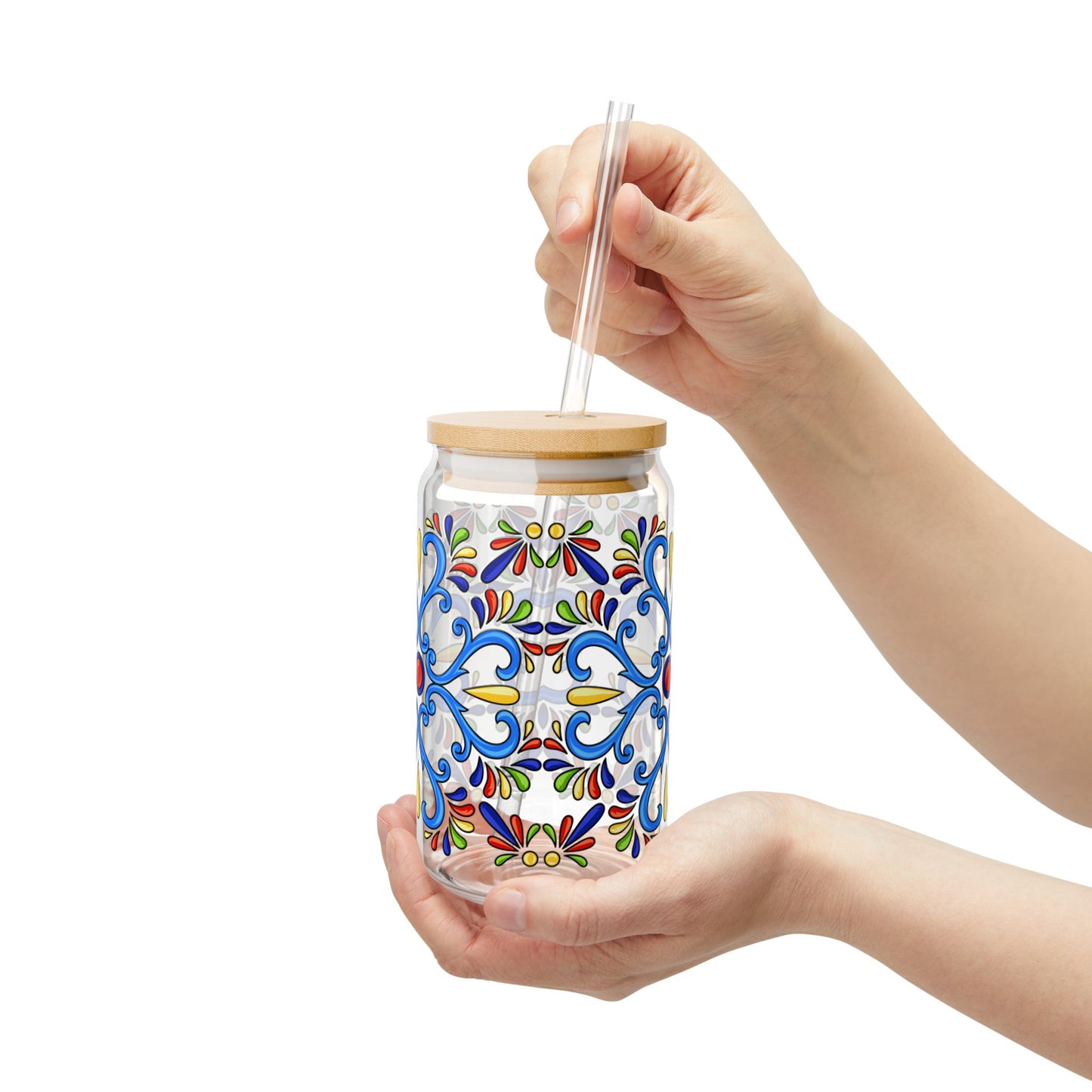 Colorful Folk Mosaic Glass Cup with Lid & Straw