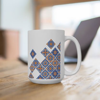 Ceramic Mug — Blue & Orange Moroccan Tile Pattern (11oz, 15oz)
