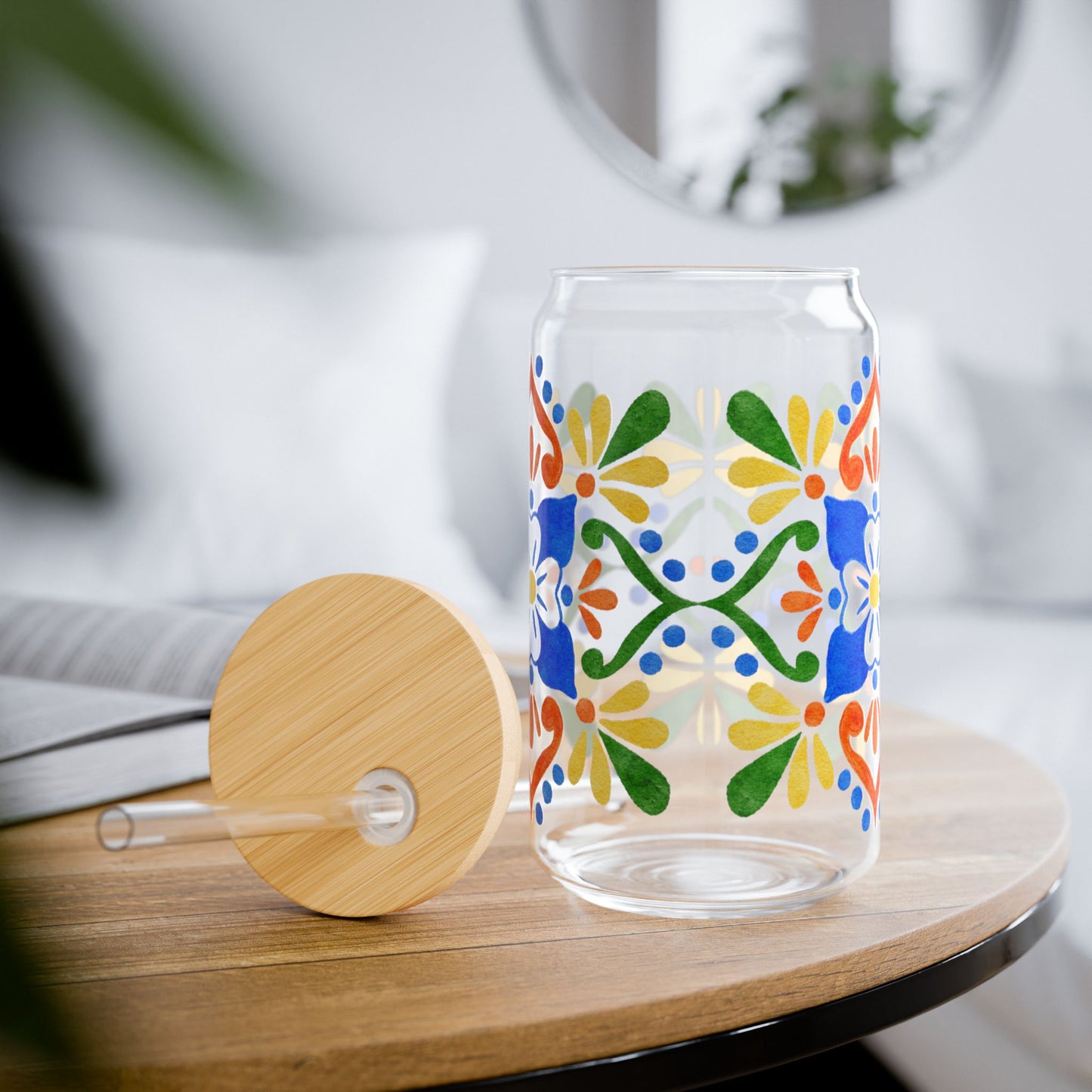 Colorful Mediterranean Floral Glass Cup with Lid & Straw