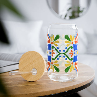 Colorful Mediterranean Floral Glass Cup with Lid & Straw