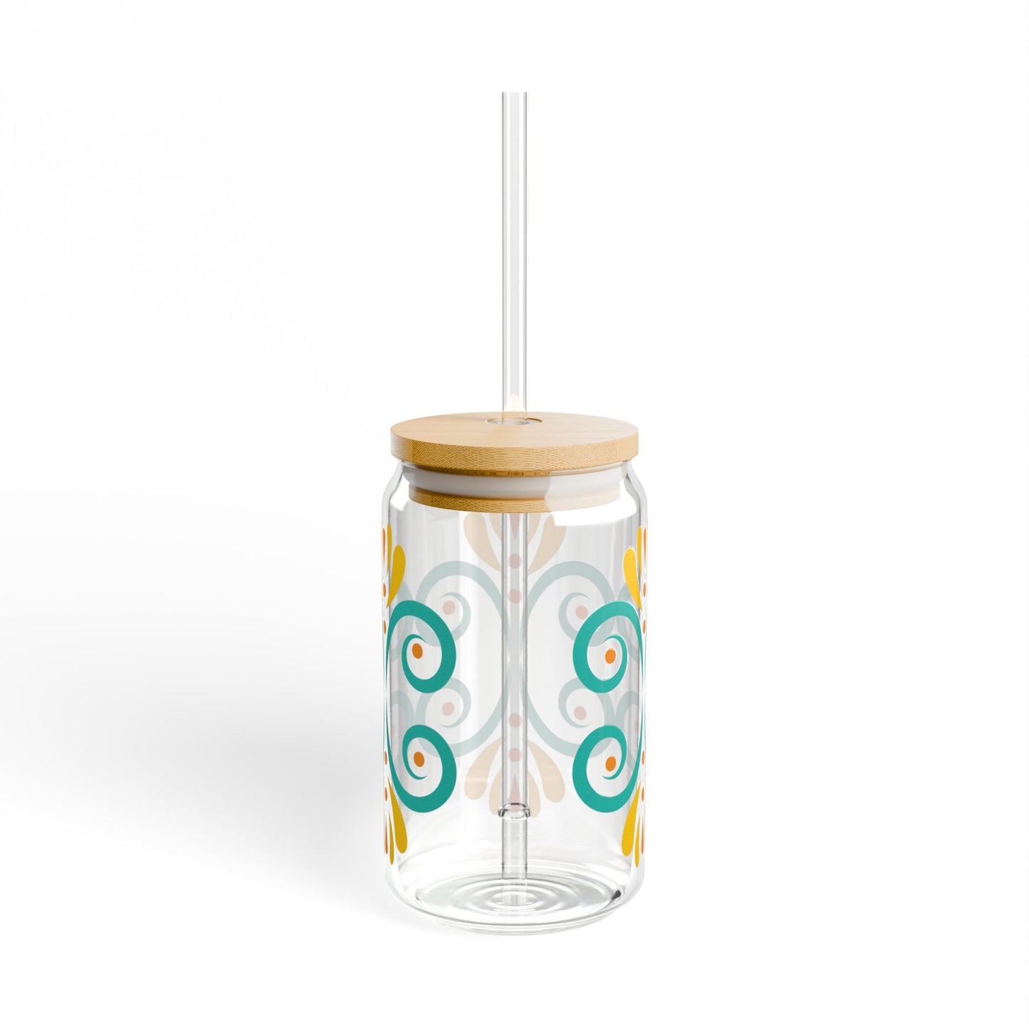 Turquoise Floral Glass Cup with Lid & Straw