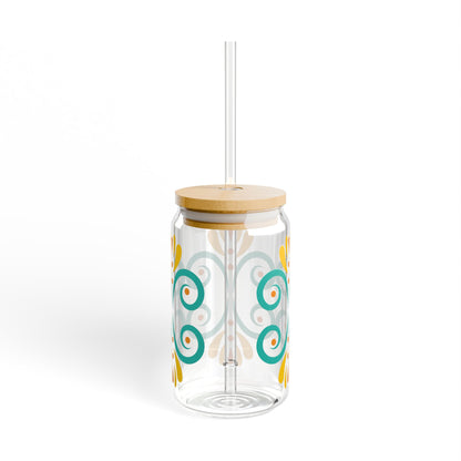Turquoise Floral Glass Cup with Lid & Straw