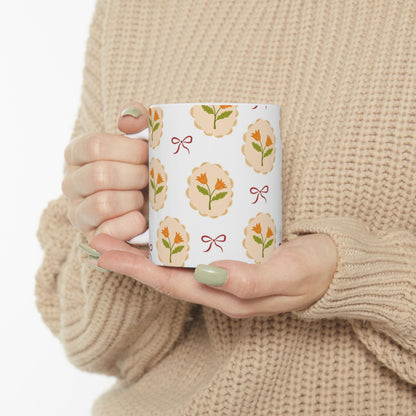 Floral Medallion Ceramic Mug — Vintage Orange Tulip Pattern (11oz & 15oz)