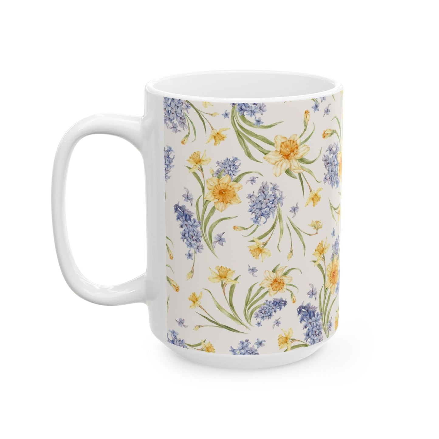 Floral Spring Bouquet Ceramic Mug — Blue Hyacinth & Yellow Daffodil 11oz/15oz