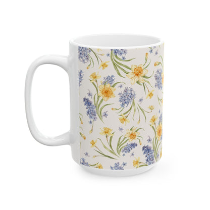 Floral Spring Bouquet Ceramic Mug — Blue Hyacinth & Yellow Daffodil 11oz/15oz