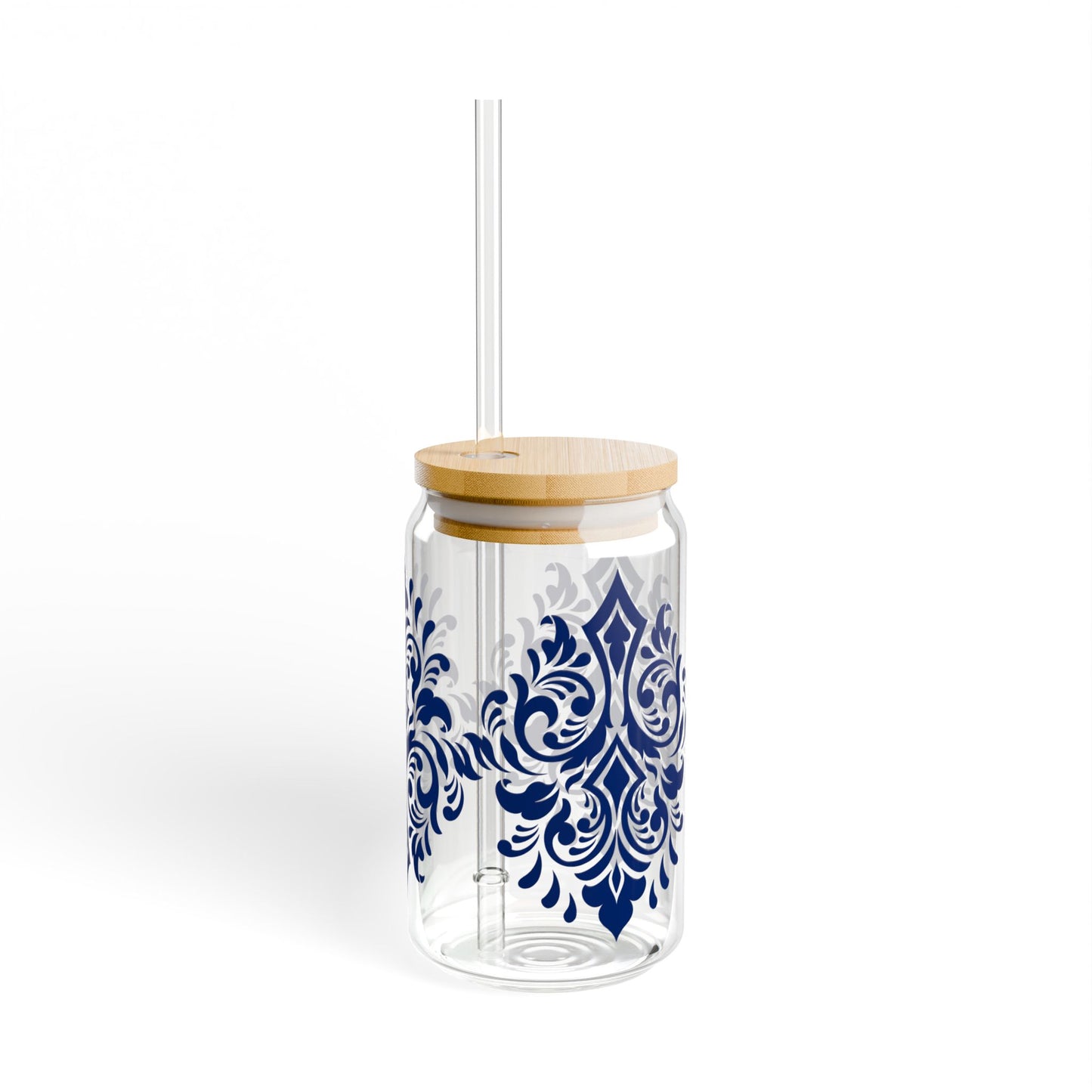 Royal Blue Damask Glass Cup with Lid & Straw – 16oz Vintage Aesthetic Drinkware