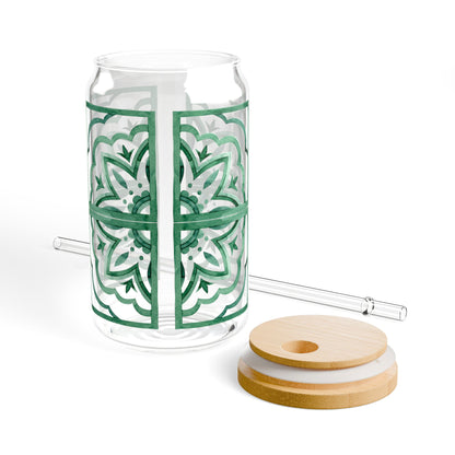 Emerald Moroccan Tile Glass Cup with Lid & Straw – 16oz Aesthetic Vintage Drinkware