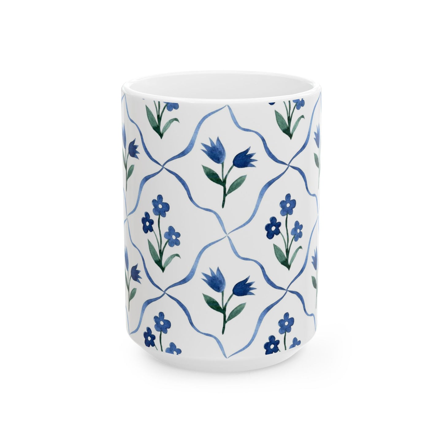 Blue Floral Ceramic Mug — Handpainted Tile Pattern (11oz & 15oz)