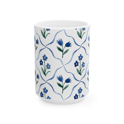 Blue Floral Ceramic Mug — Handpainted Tile Pattern (11oz & 15oz)