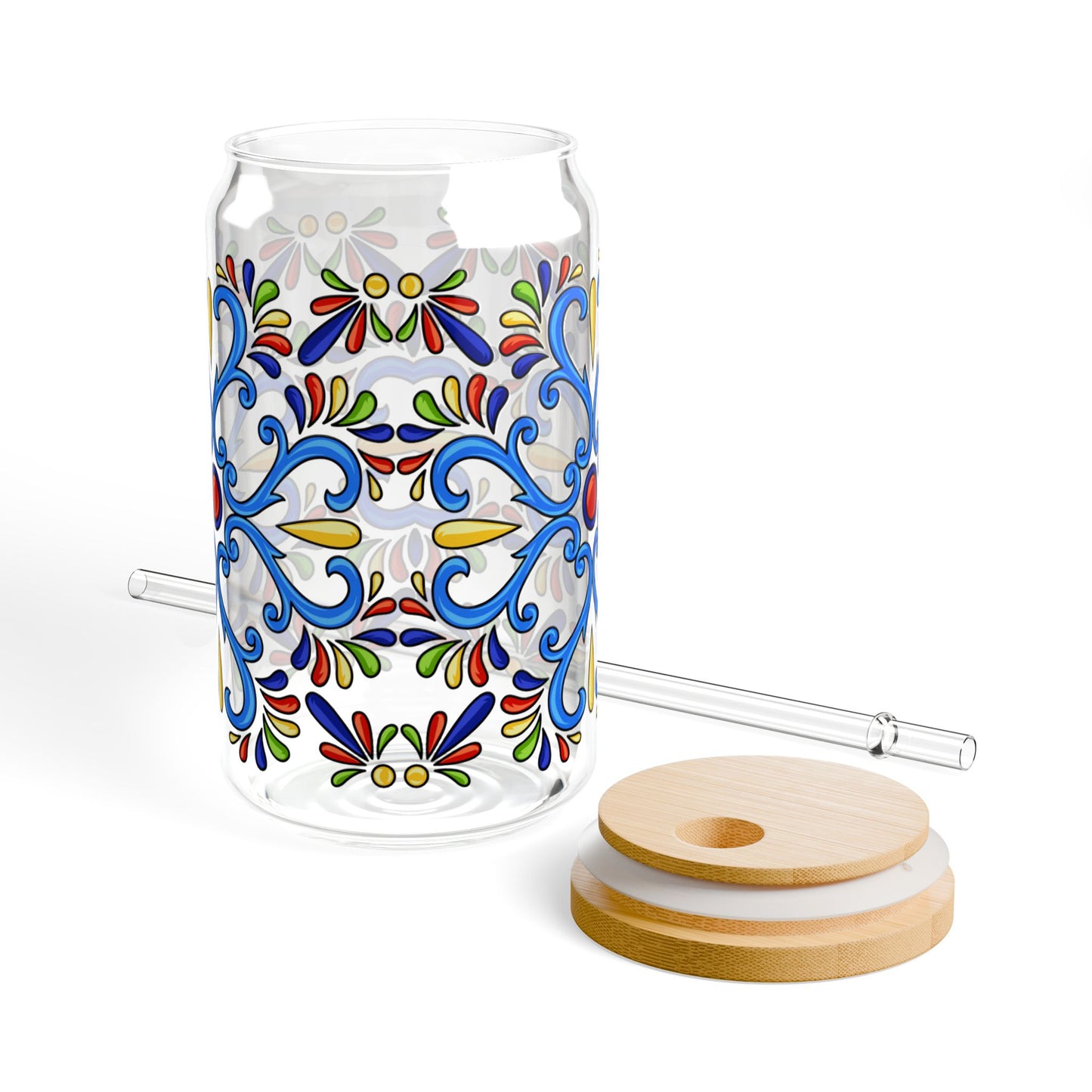 Colorful Folk Mosaic Glass Cup with Lid & Straw