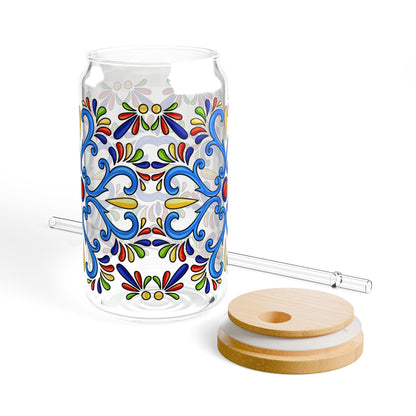 Colorful Folk Mosaic Glass Cup with Lid & Straw