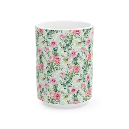 Floral Rose Watercolor Ceramic Mug — Pink Garden Pattern (11oz & 15oz)