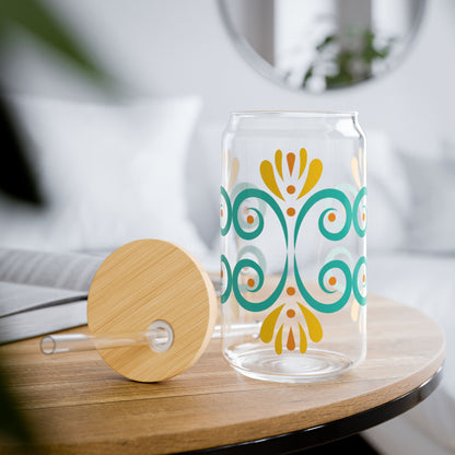 Turquoise Floral Glass Cup with Lid & Straw