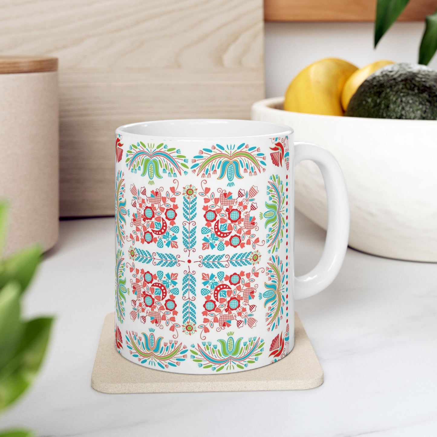 Floral Folk Art Ceramic Mug — Colorful Boho Pattern (11oz & 15oz)
