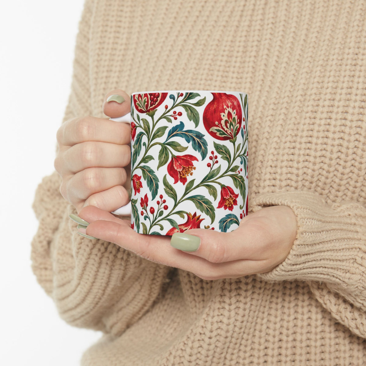 Pomegranate Floral Ceramic Mug — Red & Green Botanical Pattern (11oz, 15oz)