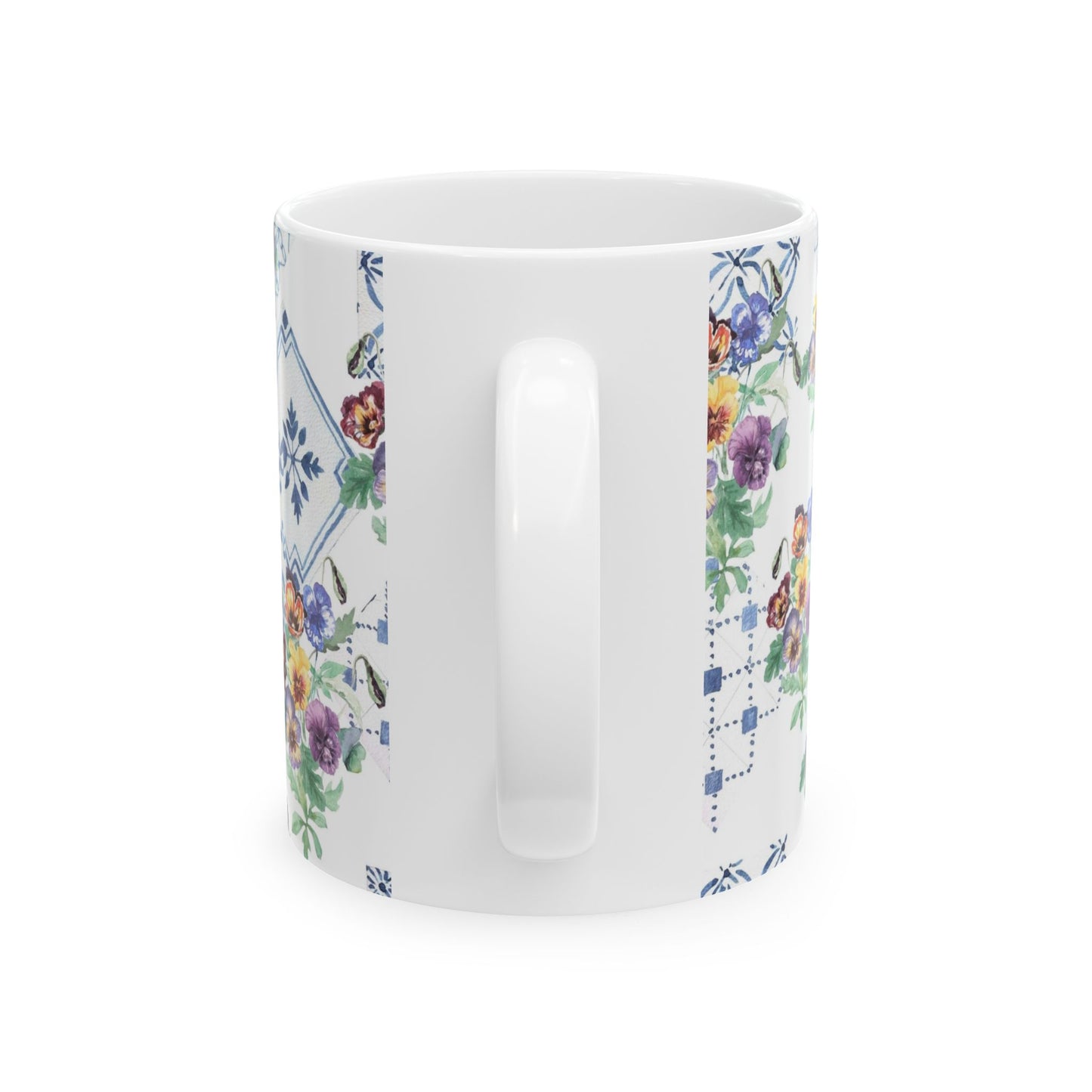 Vintage Pansy Floral Ceramic Mug – Blue Tile Pattern (11oz & 15oz)