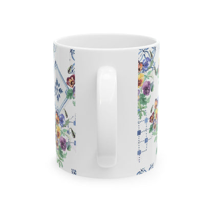 Vintage Pansy Floral Ceramic Mug – Blue Tile Pattern (11oz & 15oz)