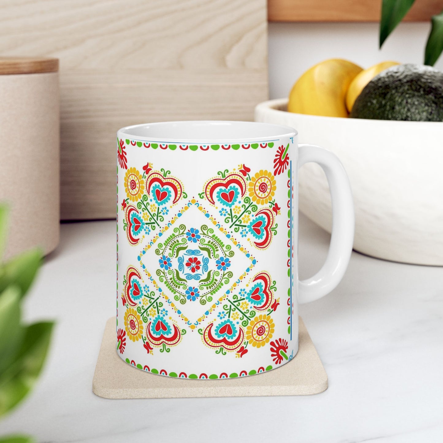 Floral Folk Art Ceramic Mug — Colorful Scandinavian-Inspired Pattern (11oz, 15oz)