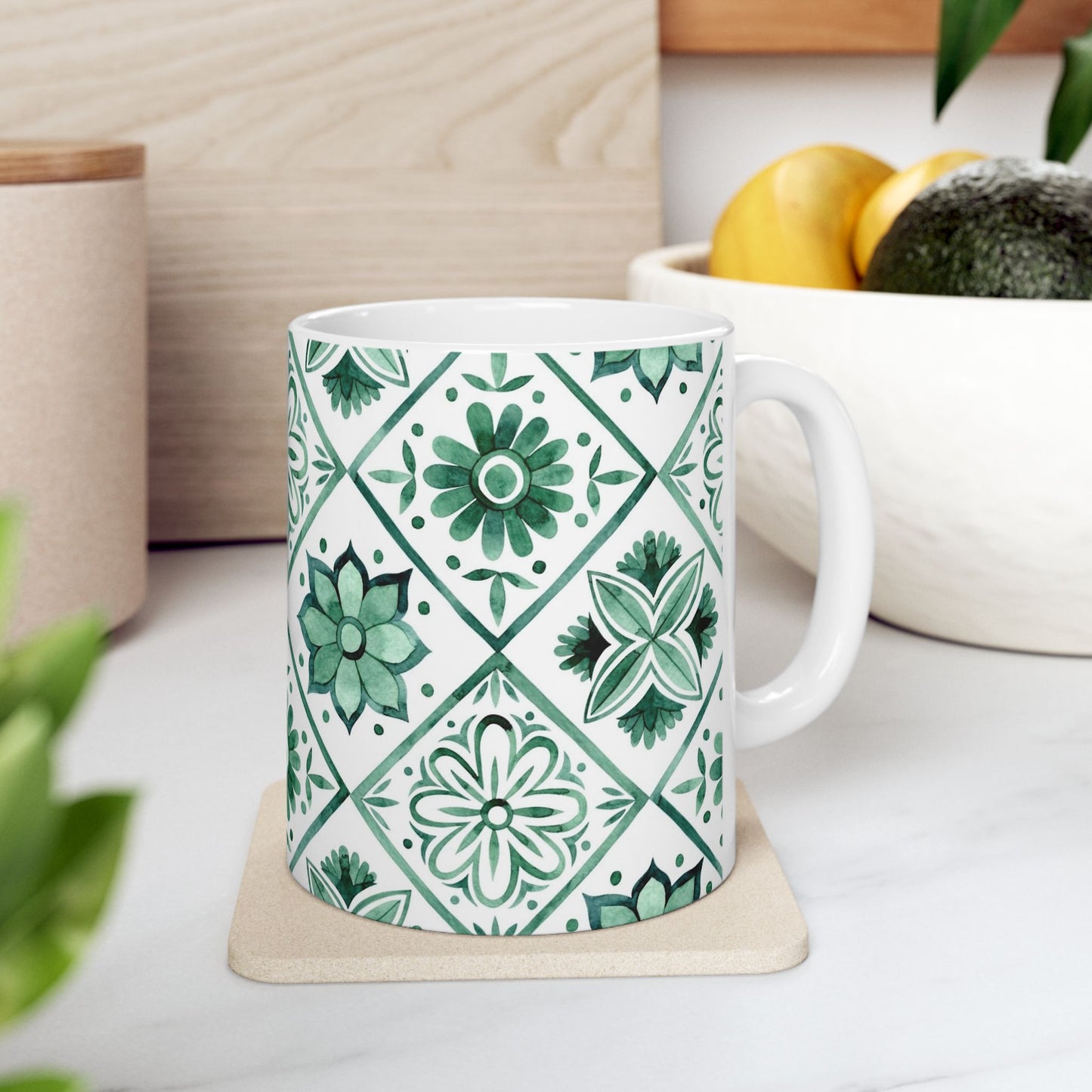 Green Tile Pattern Ceramic Mug — Boho Floral Moroccan-Style 11oz & 15oz