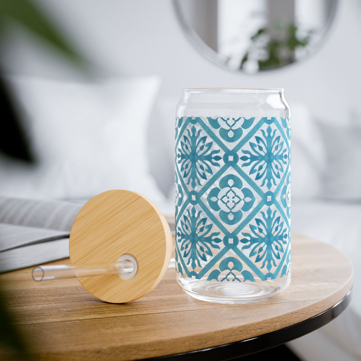 Blue Moroccan Tile Glass Cup with Lid & Straw