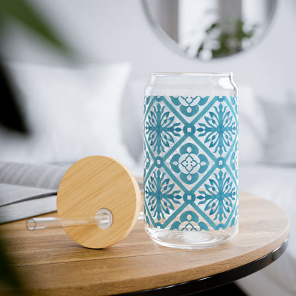 Blue Moroccan Tile Glass Cup with Lid & Straw