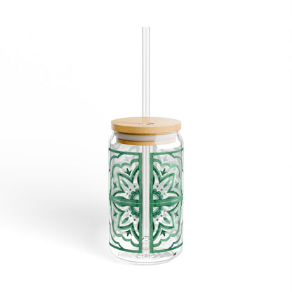 Emerald Moroccan Tile Glass Cup with Lid & Straw – 16oz Aesthetic Vintage Drinkware