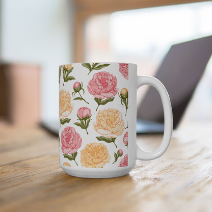 Floral Peony Ceramic Mug – Pink & Peach Vintage Flower Coffee Cup (11oz/15oz)