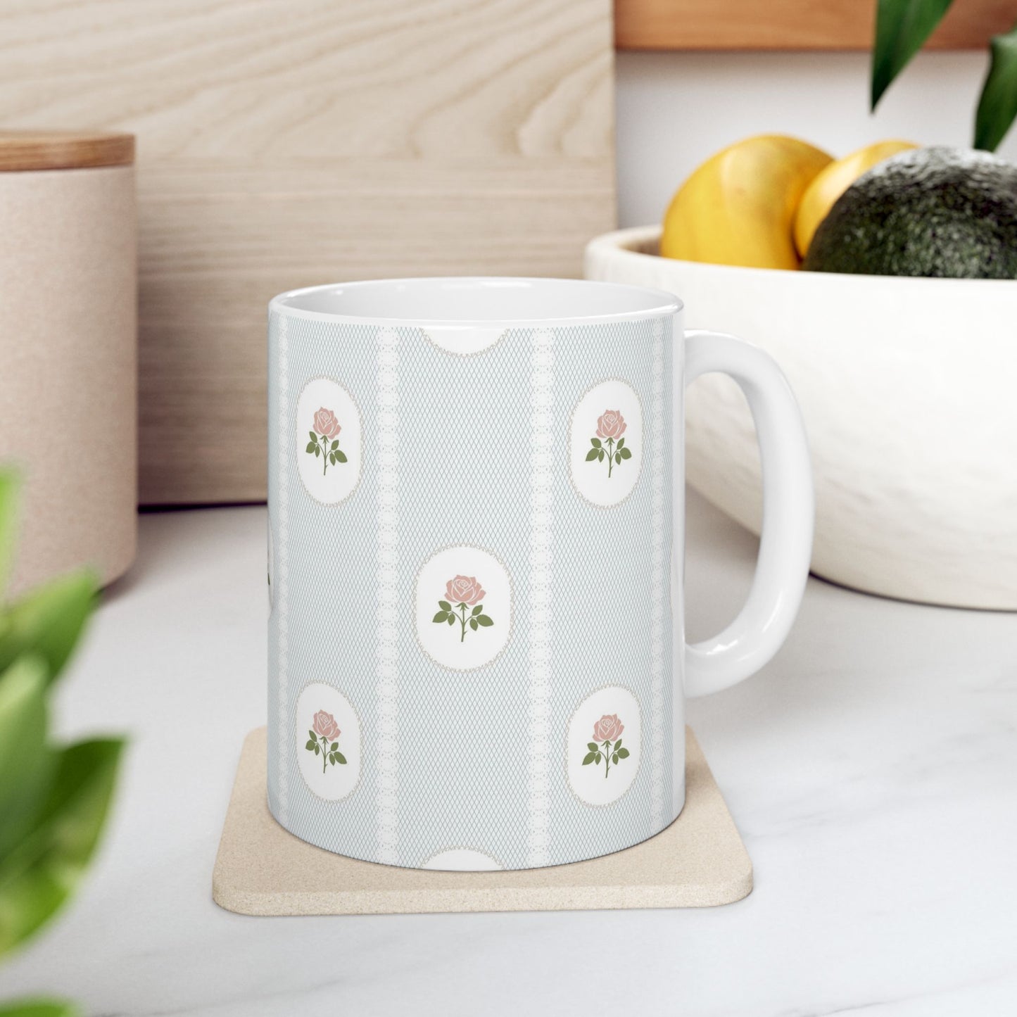 Floral Cameo Ceramic Mug — Vintage Rose Pattern (11oz & 15oz)