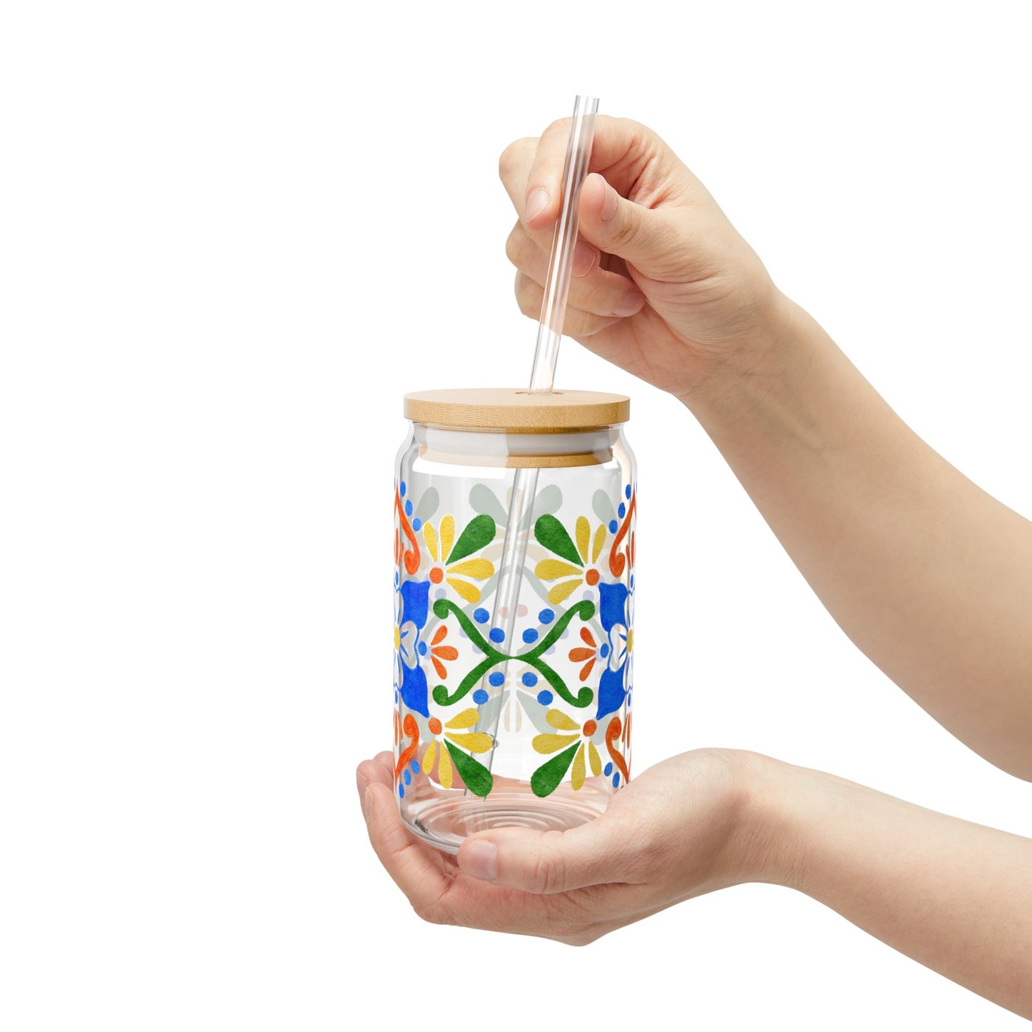 Colorful Mediterranean Floral Glass Cup with Lid & Straw