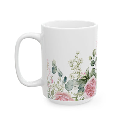 Floral Rose Garden Ceramic Mug — Pink Watercolor Bouquet (11oz & 15oz)