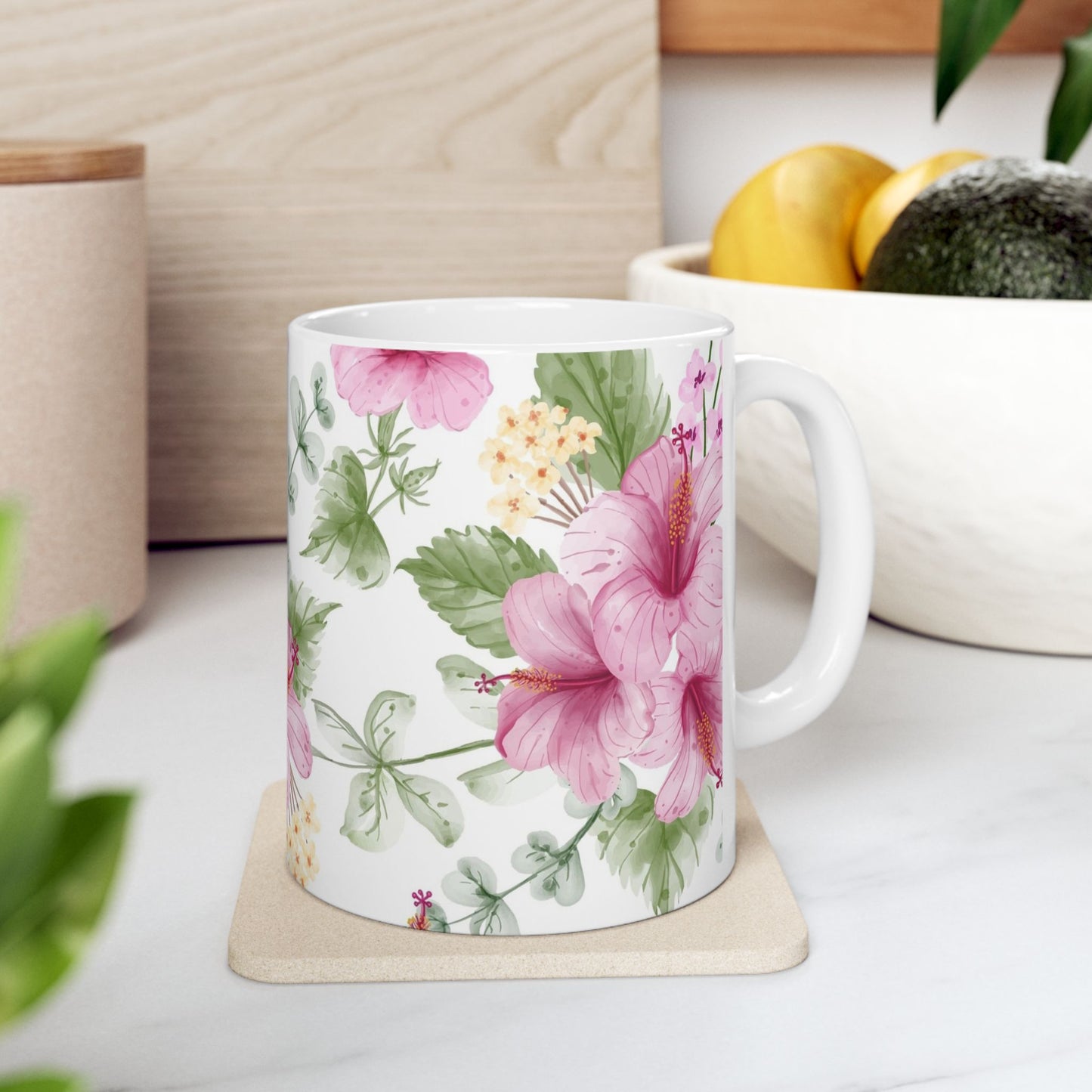 Pink Hibiscus Floral Ceramic Mug – Botanical Coffee Cup (11oz & 15oz)