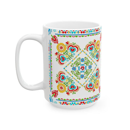 Floral Folk Art Ceramic Mug — Colorful Scandinavian-Inspired Pattern (11oz, 15oz)