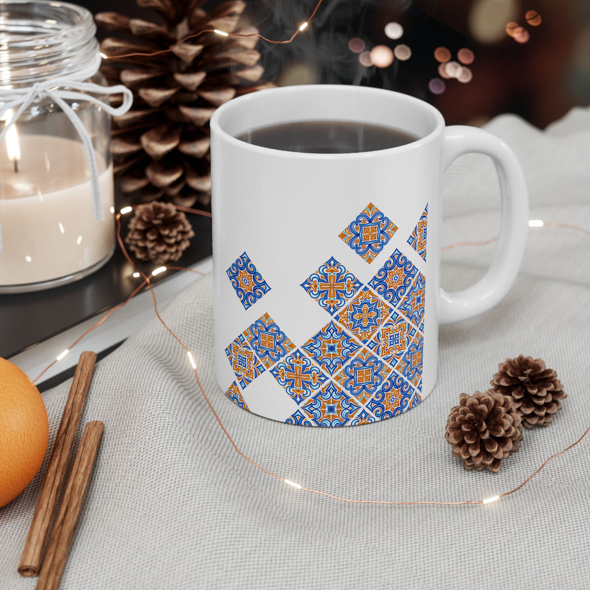 Ceramic Mug — Blue & Orange Moroccan Tile Pattern (11oz, 15oz)