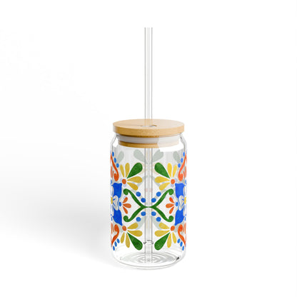 Colorful Mediterranean Floral Glass Cup with Lid & Straw