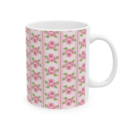 Pink Rose Stripe Ceramic Mug — Floral Vintage Tea Coffee Cup (11oz & 15oz)
