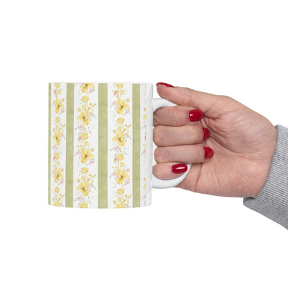 Floral Stripe Ceramic Mug – Vintage Yellow Rose Pattern (11oz & 15oz)