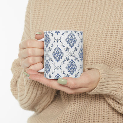 Blue Damask Ceramic Mug — Elegant Vintage Pattern Coffee Cup (11oz, 15oz)