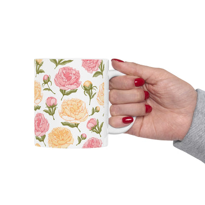 Floral Peony Ceramic Mug – Pink & Peach Vintage Flower Coffee Cup (11oz/15oz)