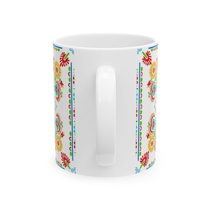 Floral Folk Art Ceramic Mug — Colorful Scandinavian-Inspired Pattern (11oz, 15oz)