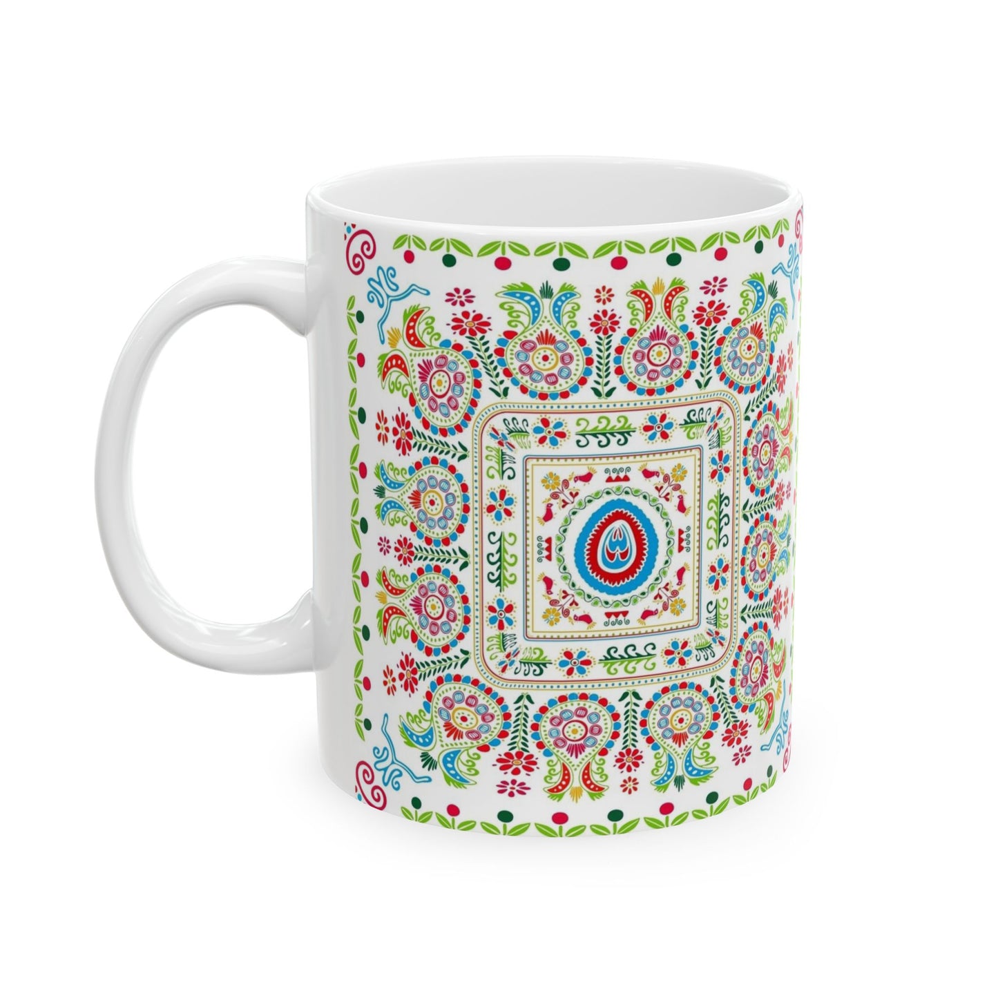 Floral Folk Art Ceramic Mug — Colorful Boho 11oz & 15oz Coffee Cup