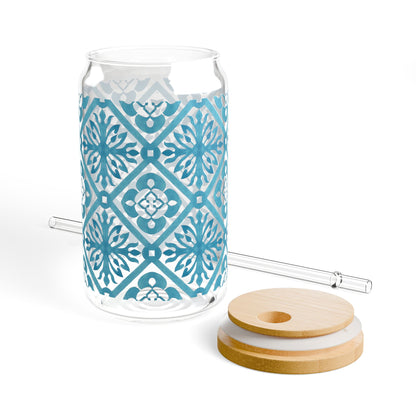 Blue Moroccan Tile Glass Cup with Lid & Straw