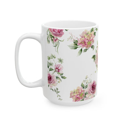 Floral Rose Ceramic Mug — Vintage Pink Garden Tea Coffee Cup (11oz & 15oz)