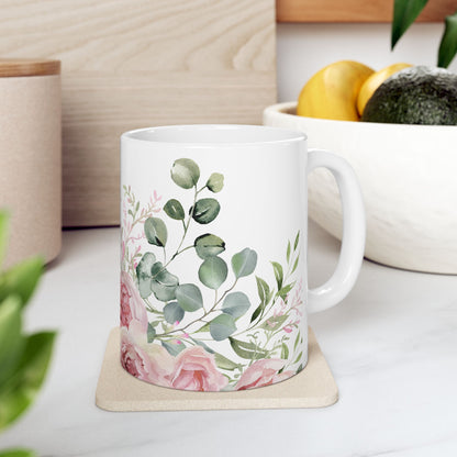 Floral Rose Garden Ceramic Mug — Pink Watercolor Bouquet (11oz & 15oz)