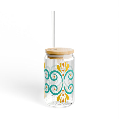 Turquoise Floral Glass Cup with Lid & Straw